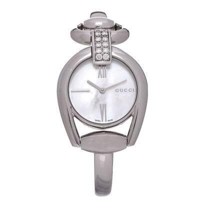 Gucci Stainless Steel Diamond Pave Mother of Pearl 28mm Horsebit Quartz Watch 1 of 7