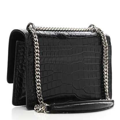 Saint Laurent Calfskin Crocodile Embossed Monogram Sunset Chain Wallet Black 3 of 10