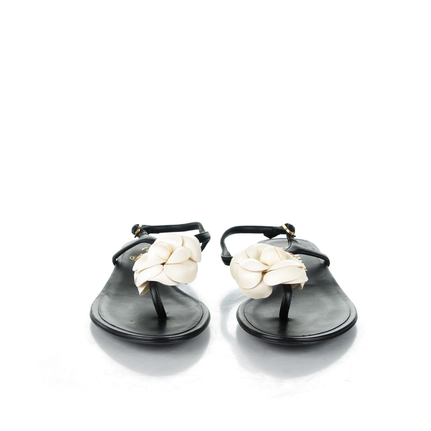Lambskin Camellia Thong Sandals 36 Black White