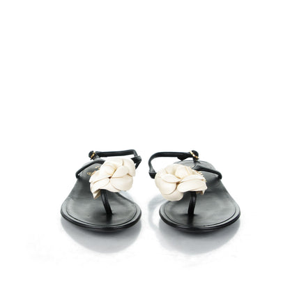 Chanel Lambskin Camellia Thong Sandals 36 Black White 2 of 9