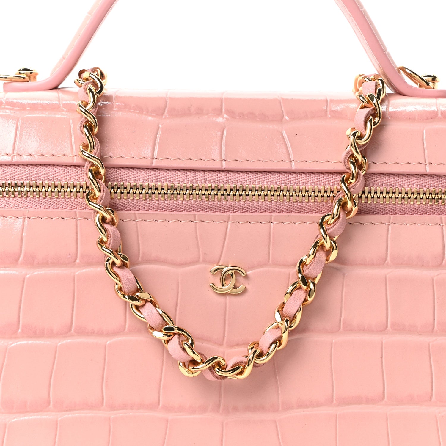 Chanel Calfskin Crocodile Embossed Crococo Top Handle Slim Vanity Case With Chain Pink 8 of 11
