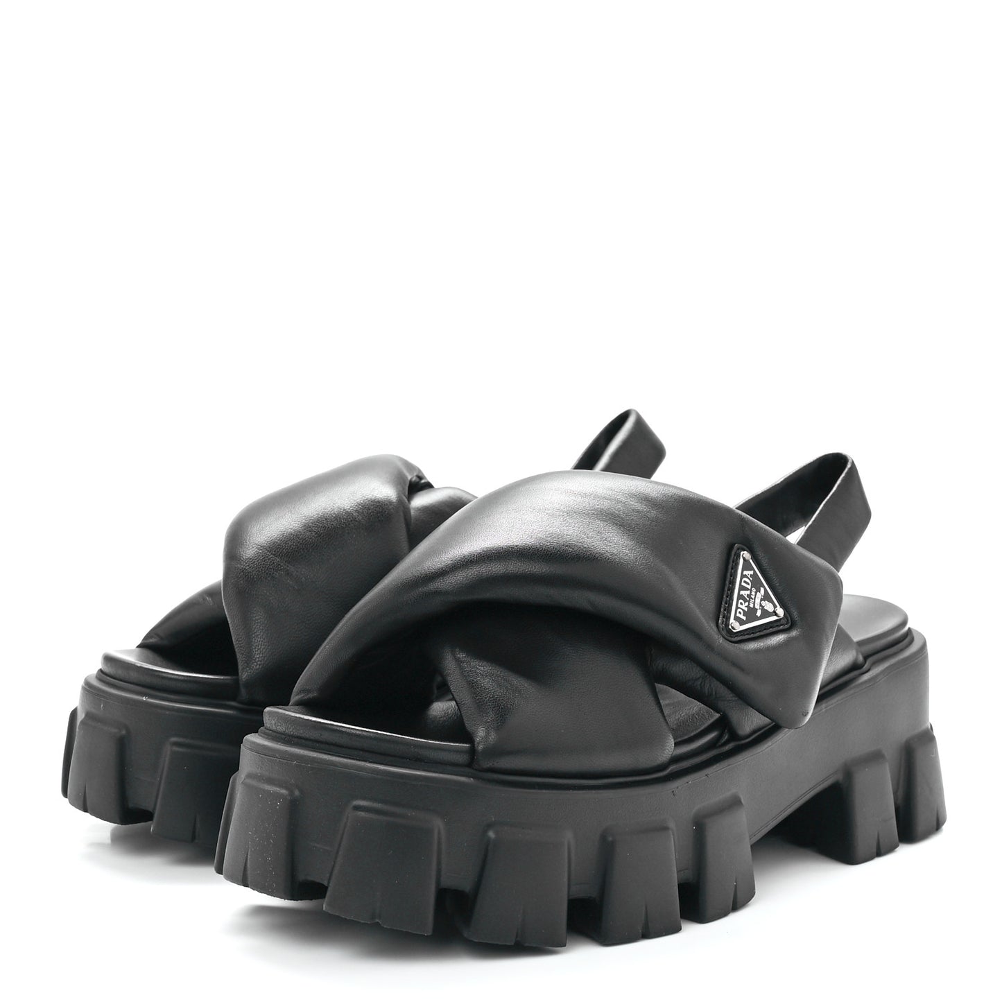 Nappa Soft Metal Triangle Logo Padded Monolith 55mm Slingback Sandals 38 Black