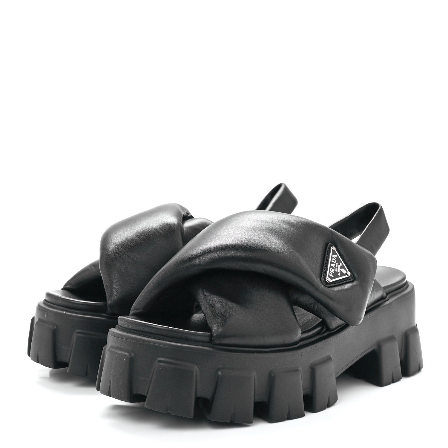 Prada Nappa Soft Metal Triangle Logo Padded Monolith 55mm Slingback Sandals 38 Black 3 of 9