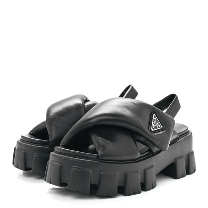 Prada Nappa Soft Metal Triangle Logo Padded Monolith 55mm Slingback Sandals 38 Black 3 of 9