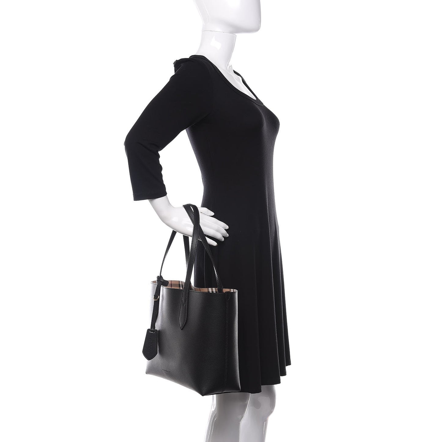 Grainy Calfskin Haymarket Check Medium Reversible Tote Black