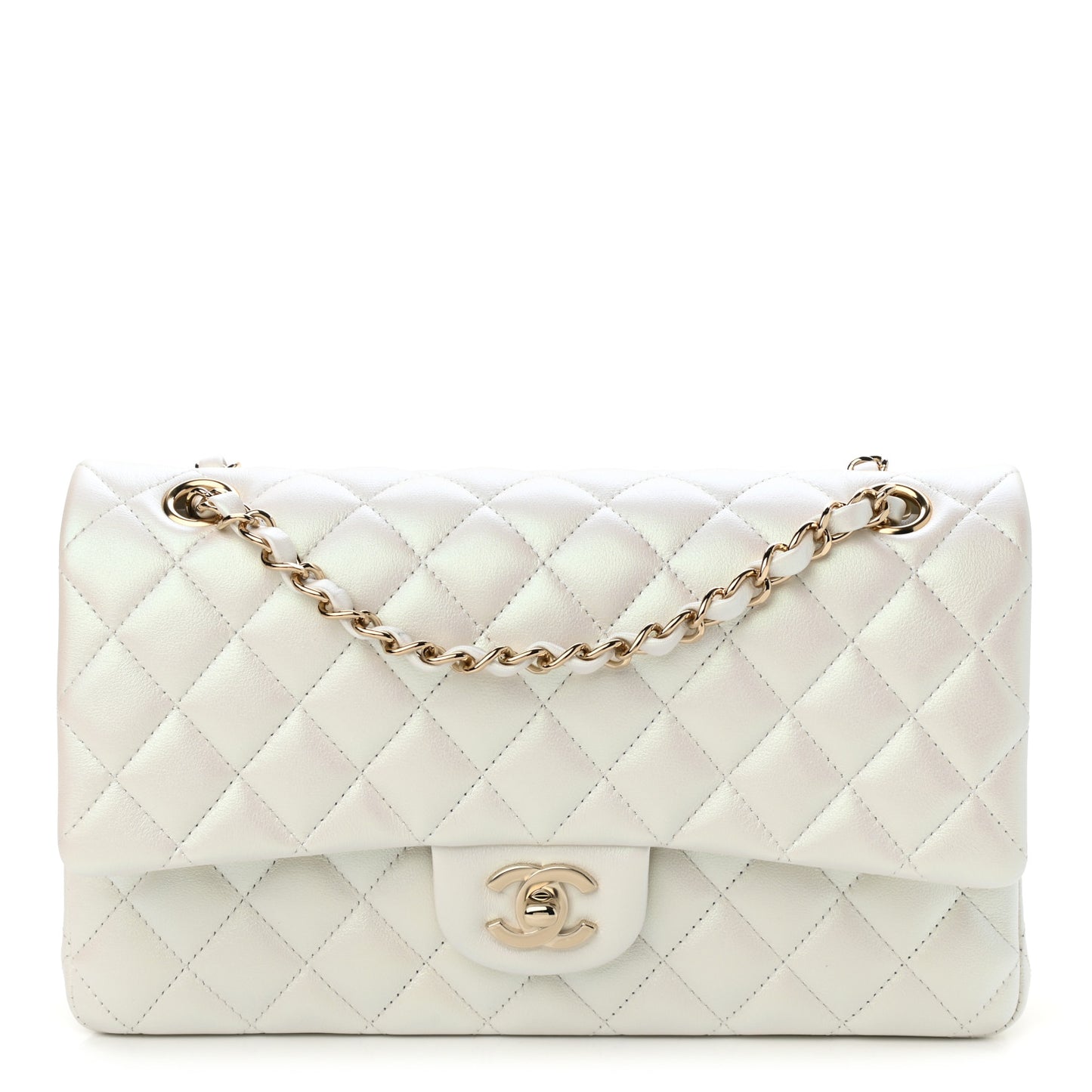 Iridescent Calfskin Quilted Medium Double Flap White