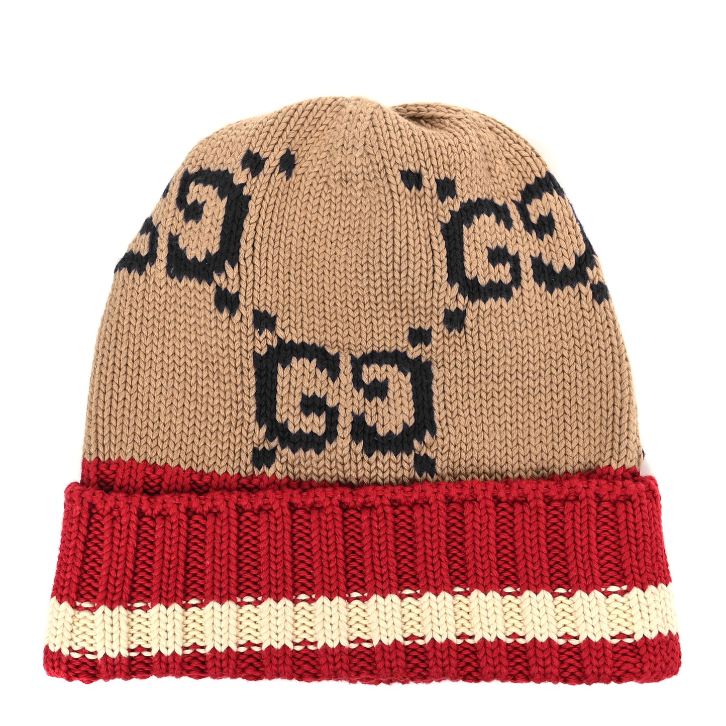 Cotton Monogram Jumbo GG Beanie Hat M Beige Red