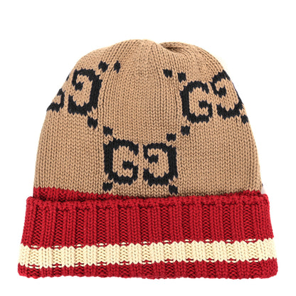 Gucci Cotton Monogram Jumbo GG Beanie Hat M Beige Red 1 of 4