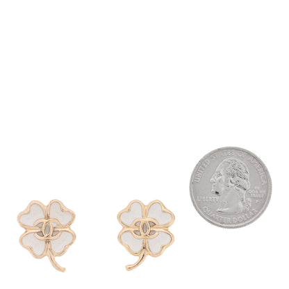 Chanel Metal Resin CC Clover Earrings Gold White 2 of 4