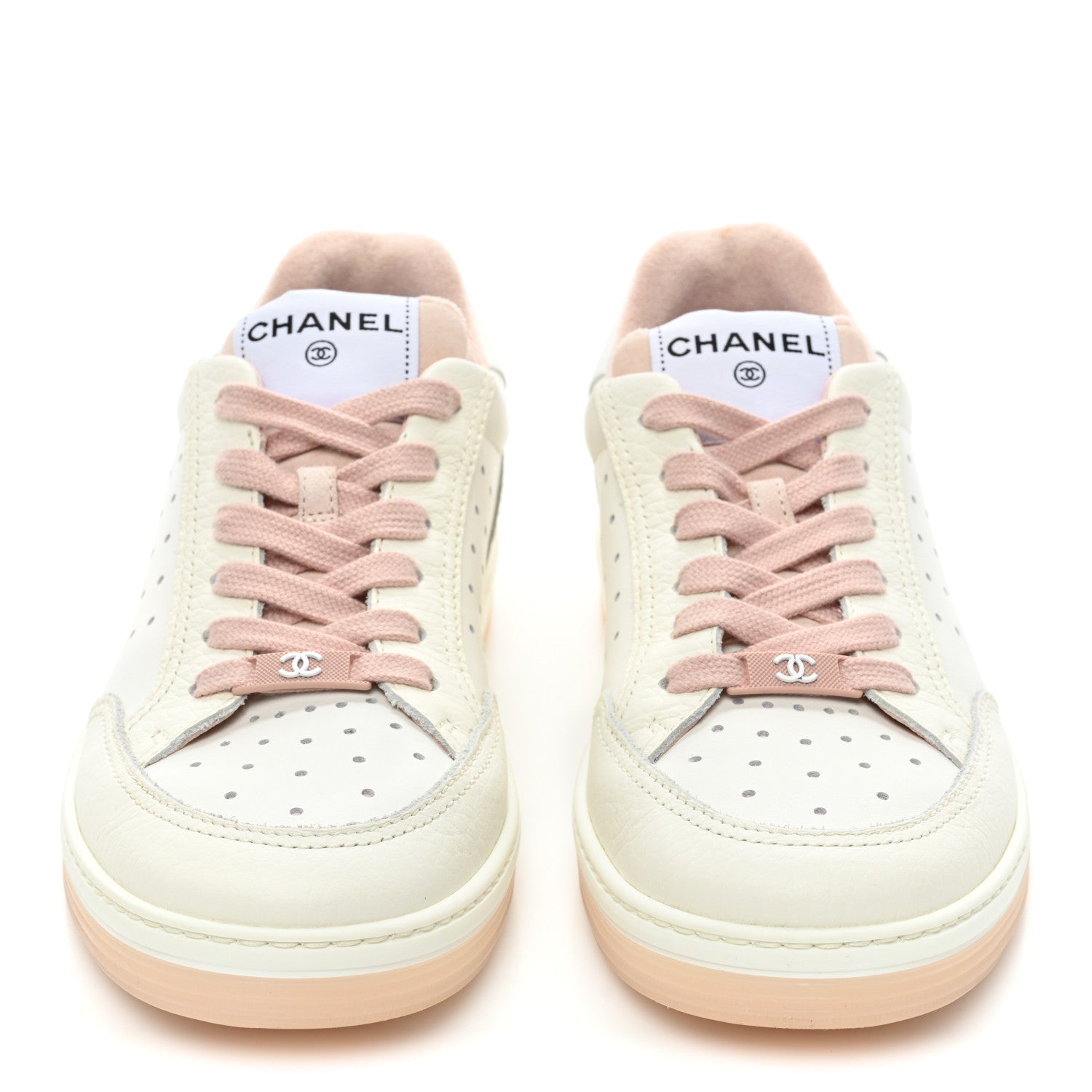 Chanel Grained Calfskin Fabric Womens Logo Sneakers 38 White Light Pink 2 of 10