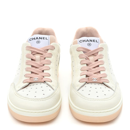 Chanel Grained Calfskin Fabric Womens Logo Sneakers 38 White Light Pink 2 of 10
