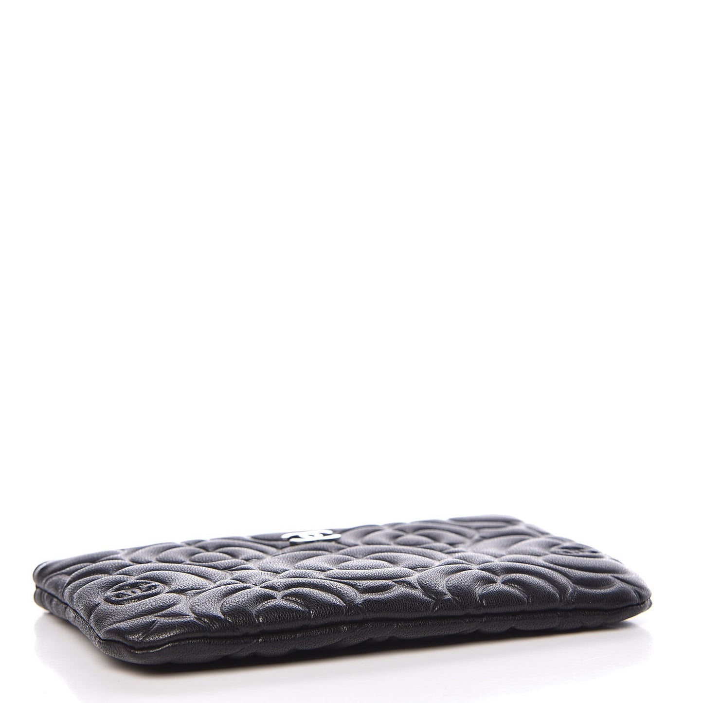 Goatskin Camellia Embossed Cosmetic Pouch Black