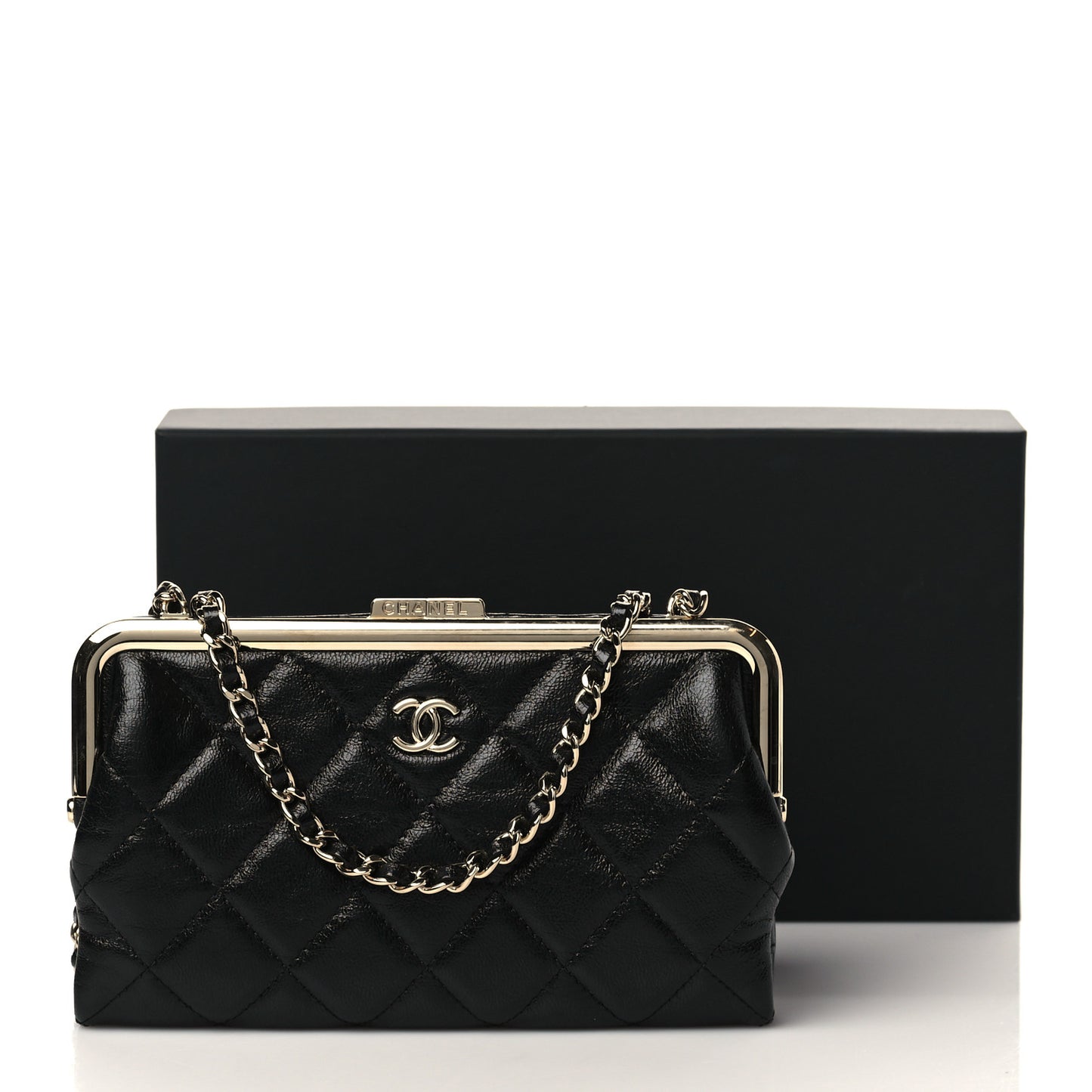 Lambskin Quilted Frame Clutch With Chain Black