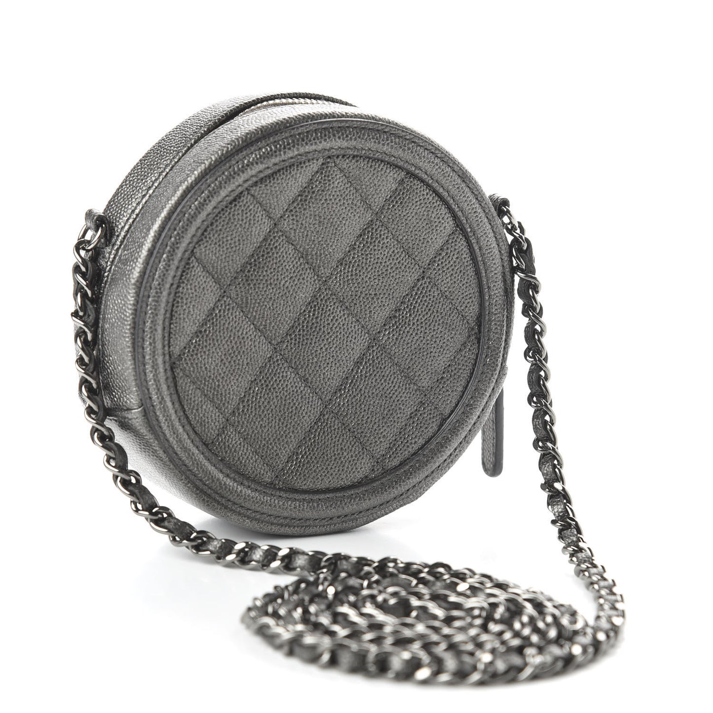 Metallic Caviar Quilted Round Filigree Crossbody Dark Silver