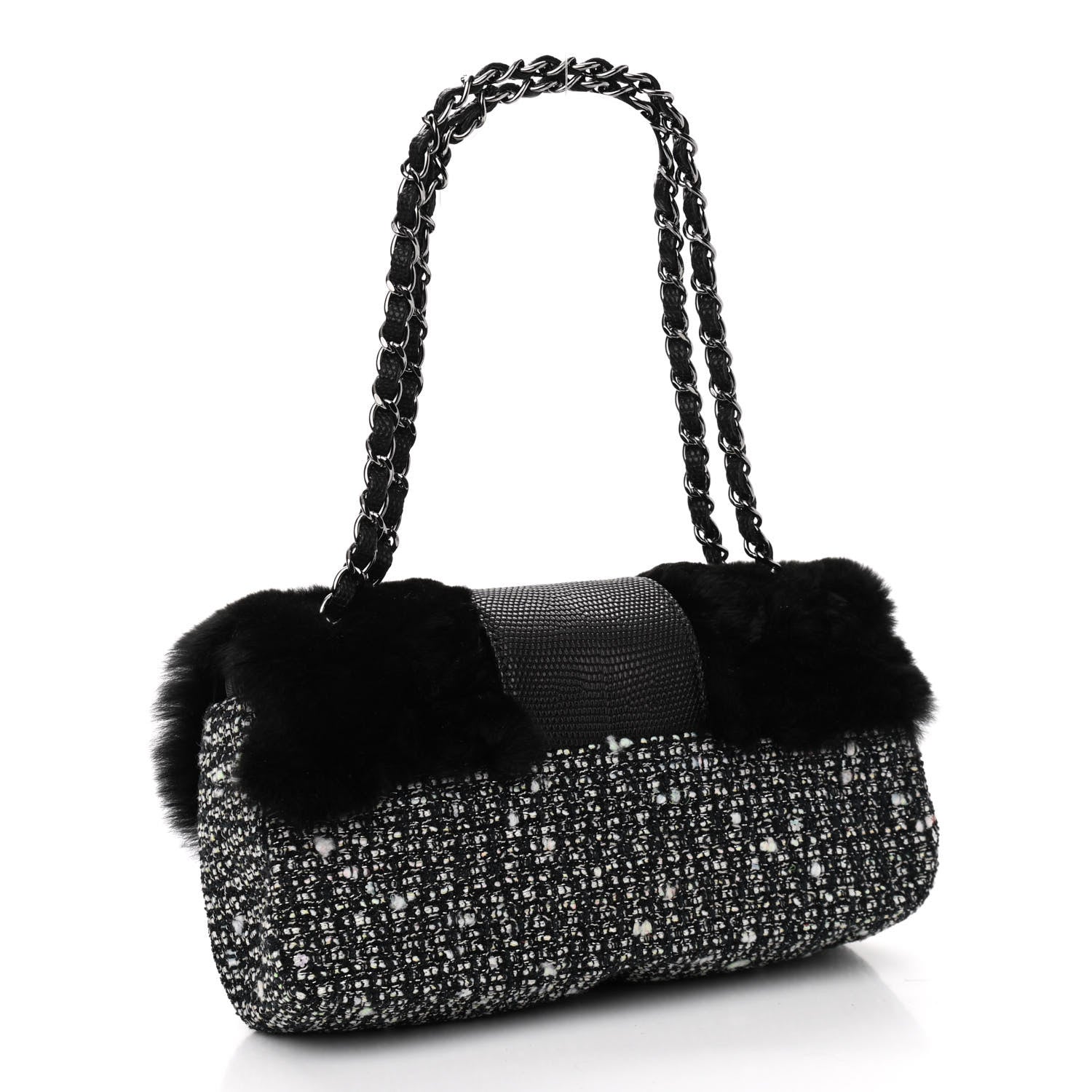Chanel Rabbit Fur Tweed Lizard Small Fantasy Flap Black White 3 of 10