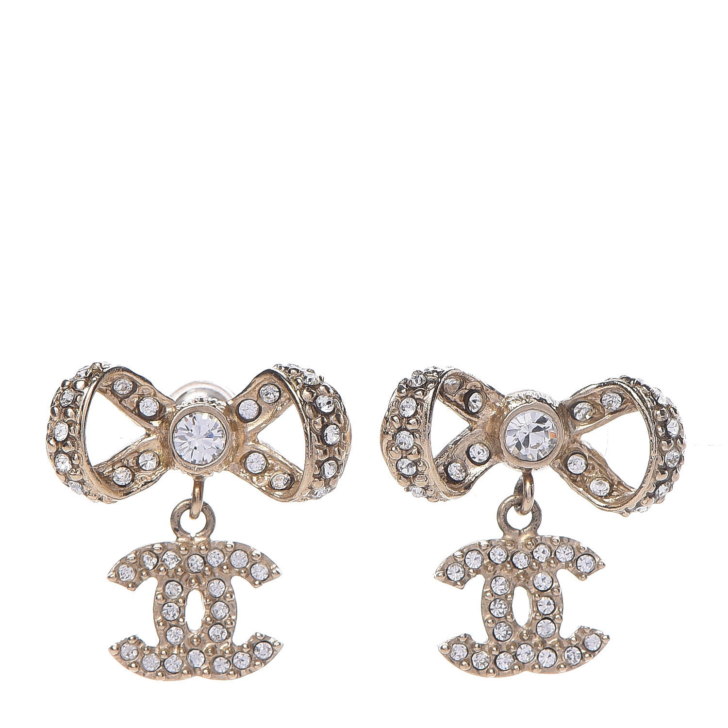 Chanel Crystal CC Bow Drop Earrings Gold 1 of 4