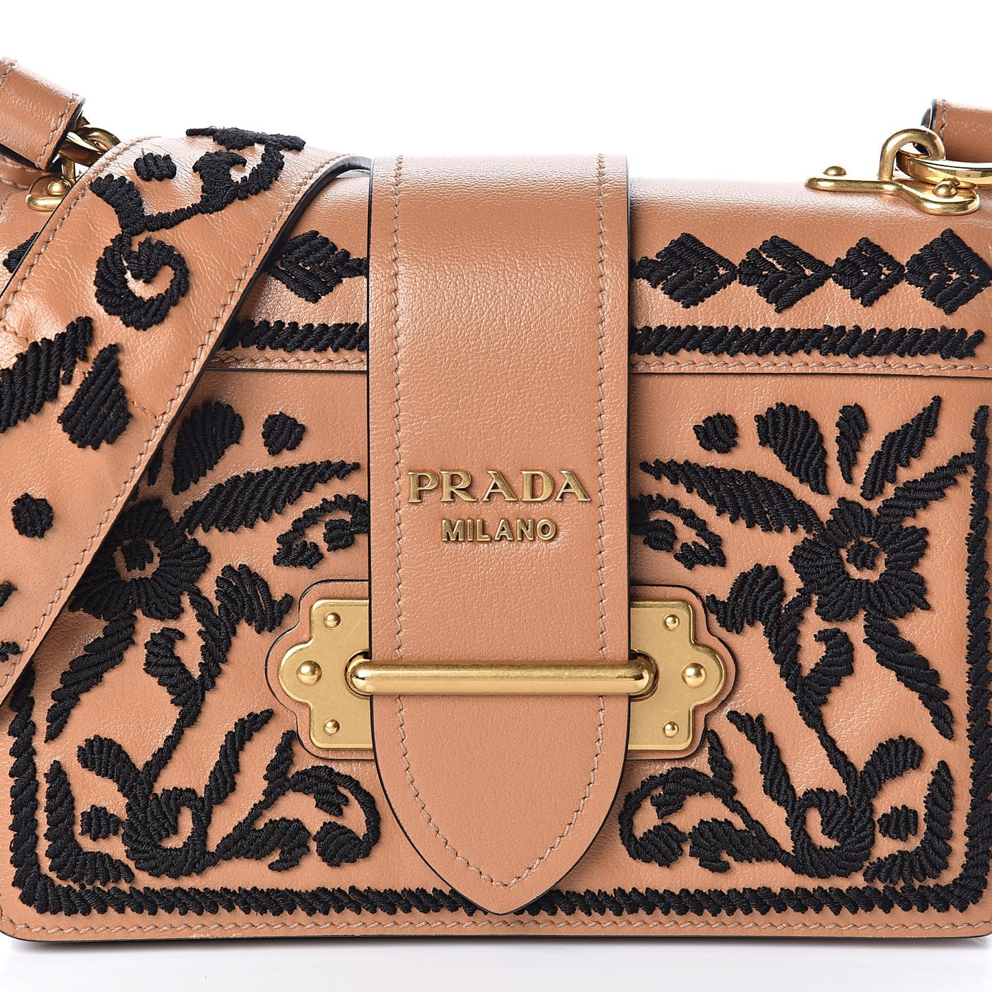 Calfskin Embroidered Cahier Bag Caramel Black