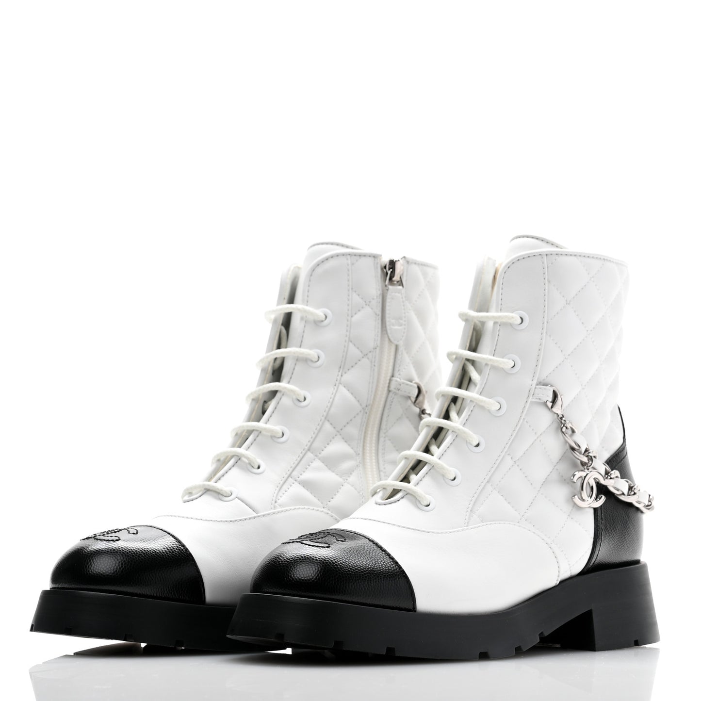 Caviar Calfskin Quilted Chain Lace Up Combat Boots 38 White Black