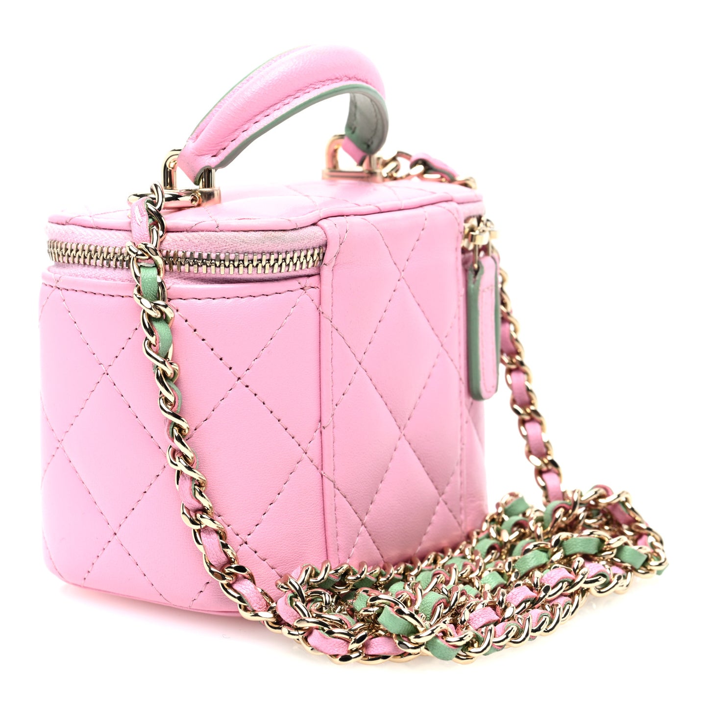 Lambskin Quilted Top Handle Mini Vanity Case With Chain Pink Green