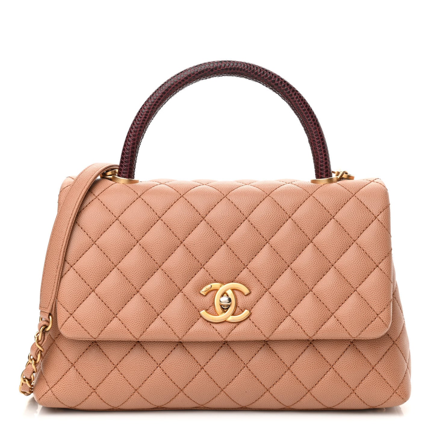 Caviar Lizard Embossed Quilted Small Coco Handle Flap Beige