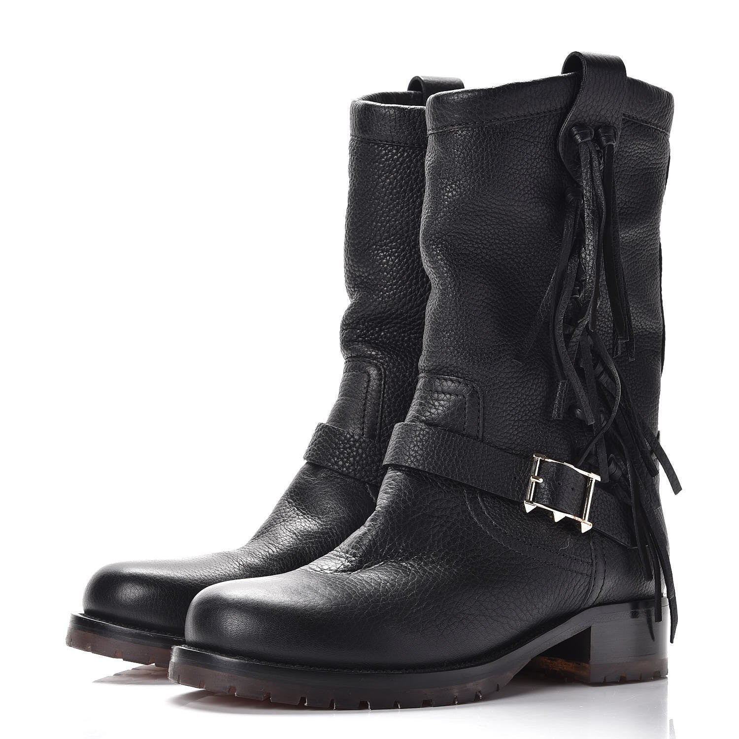 Valentino Garavani Calfskin Shearling Lined Fringe Boots 38 Black 3 of 7