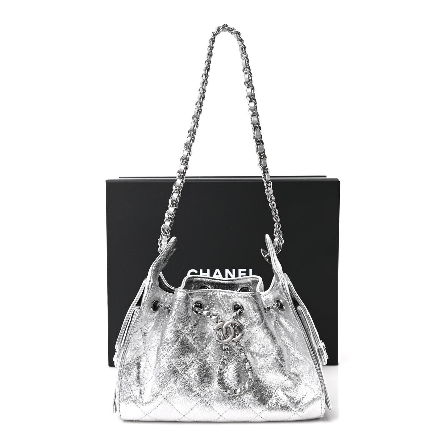 Metallic Caviar Quilted Mini Chanel 25 Handbag Silver