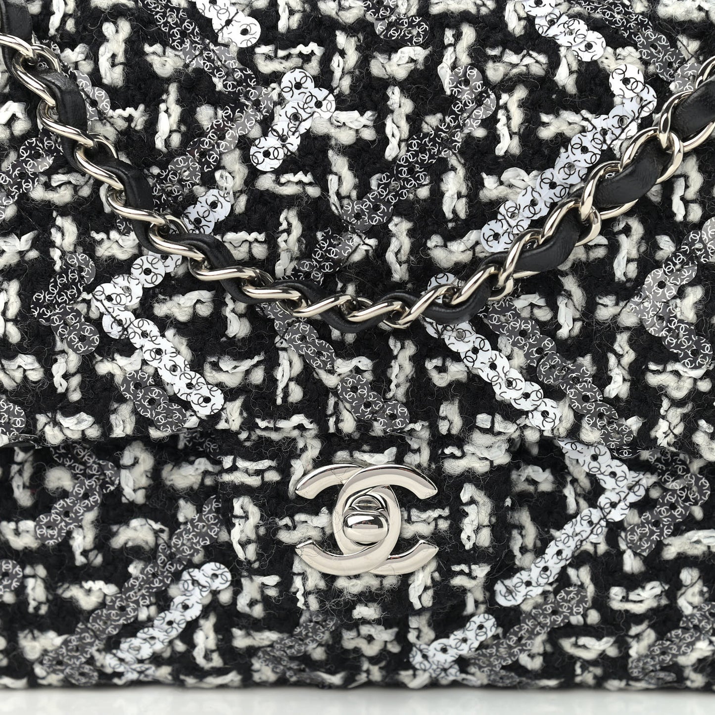 Tweed Sequin Quilted Medium Double Flap Black White