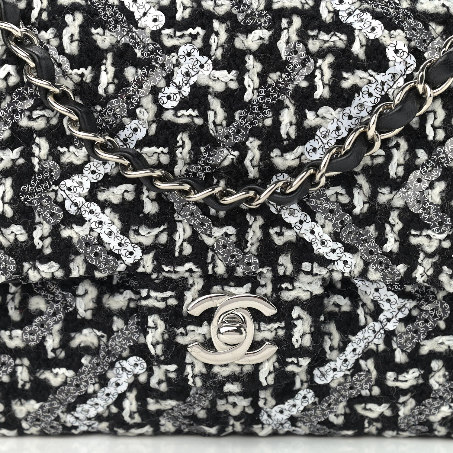 Chanel Tweed Sequin Quilted Medium Double Flap Black White 8 of 11