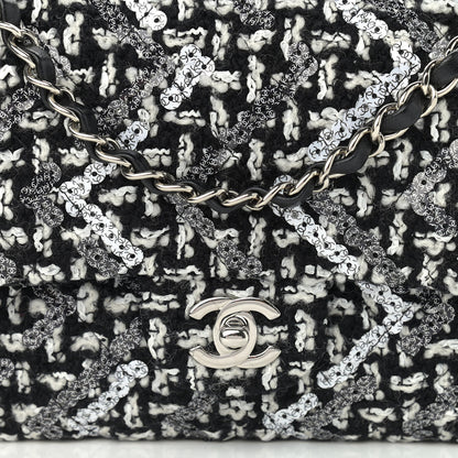 Chanel Tweed Sequin Quilted Medium Double Flap Black White 8 of 11