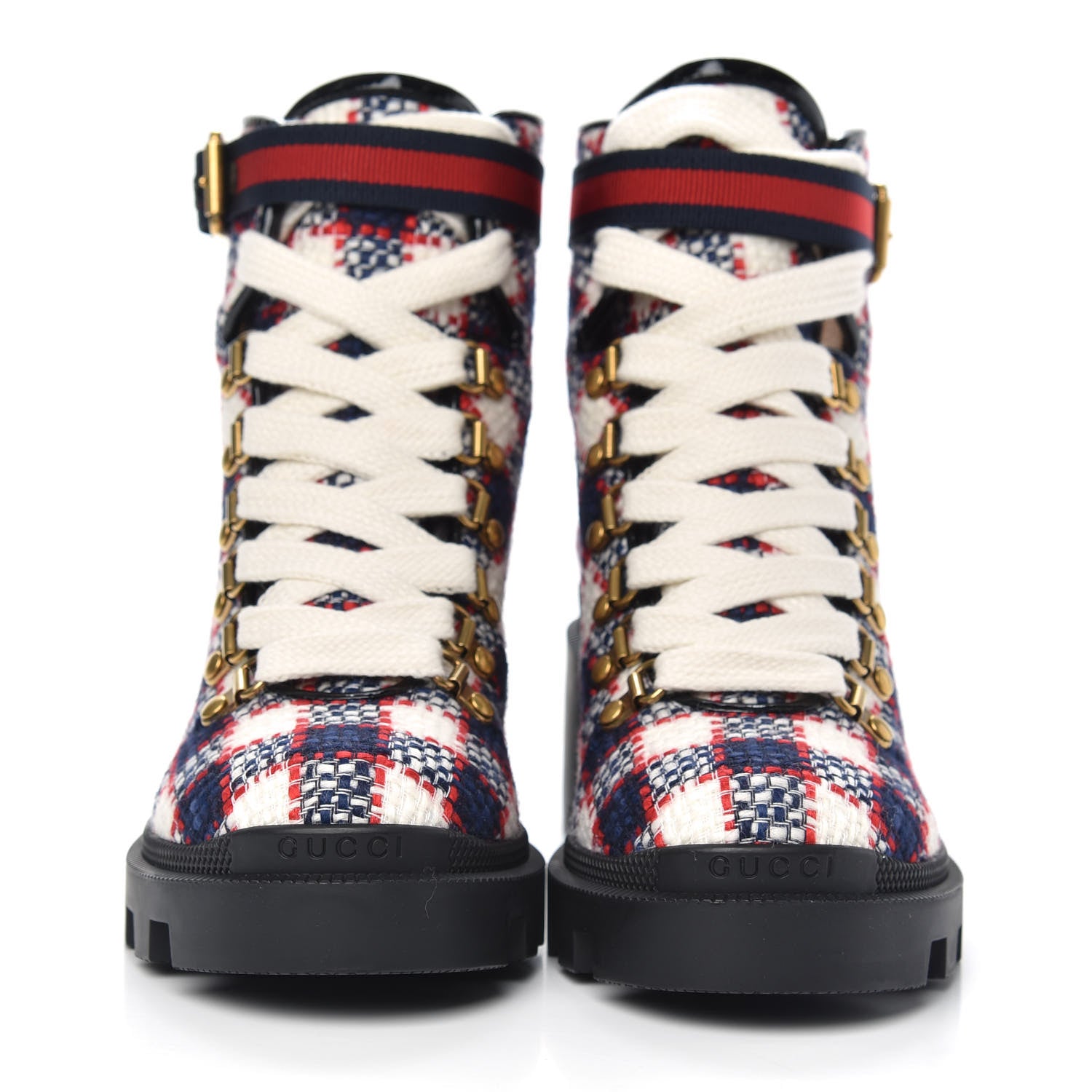 Gucci Vintage Tweed Check Lace Up Combat Ankle Boots 35.5 White Hibiscus Red Marine 2 of 8