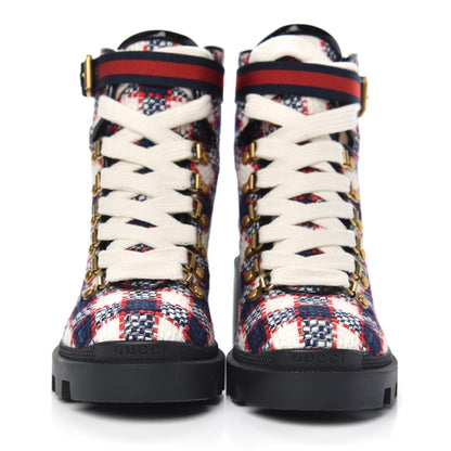 Gucci Vintage Tweed Check Lace Up Combat Ankle Boots 35.5 White Hibiscus Red Marine 2 of 8