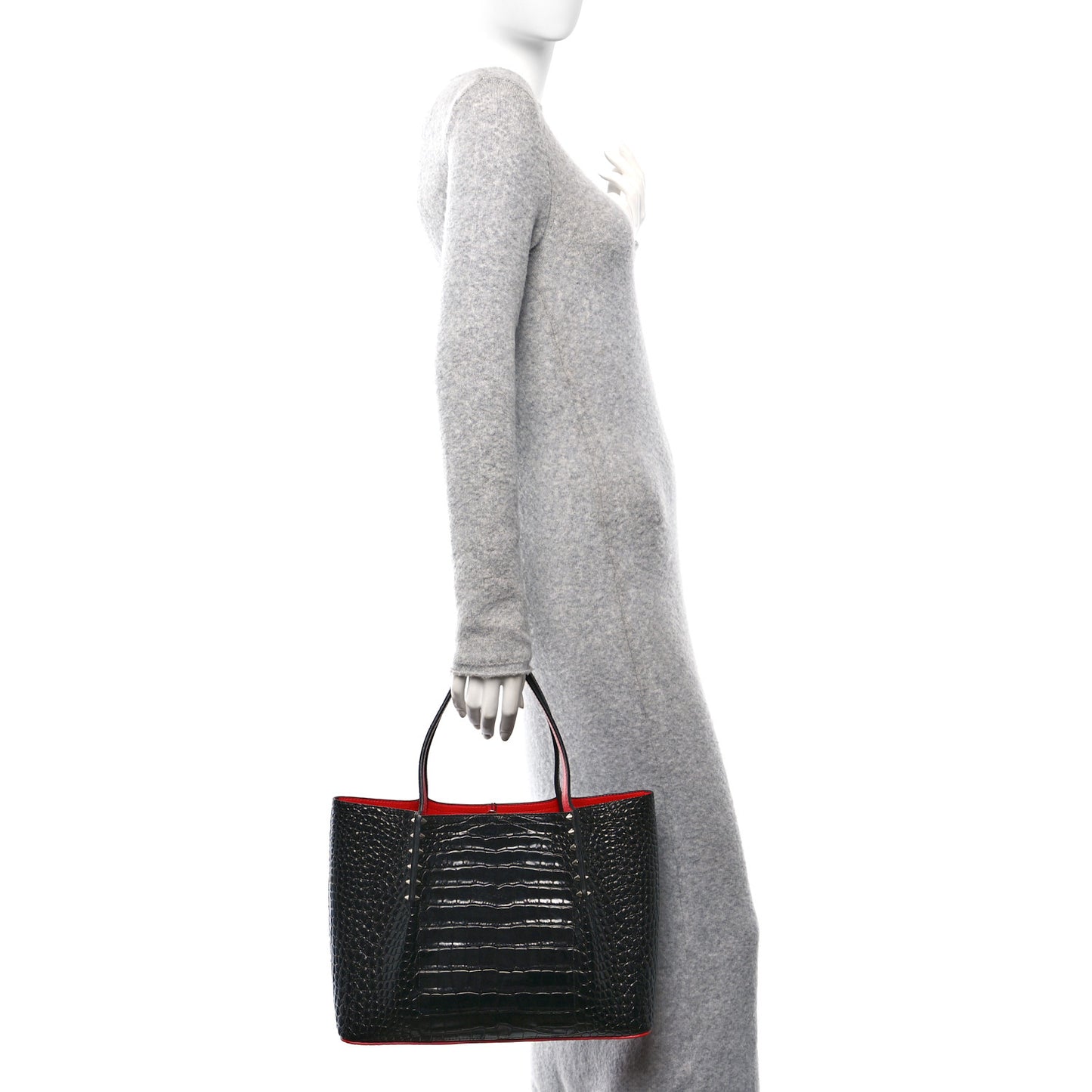 Crocodile Embossed Calfskin Spiked Small Cabarock Shopper Tote Black