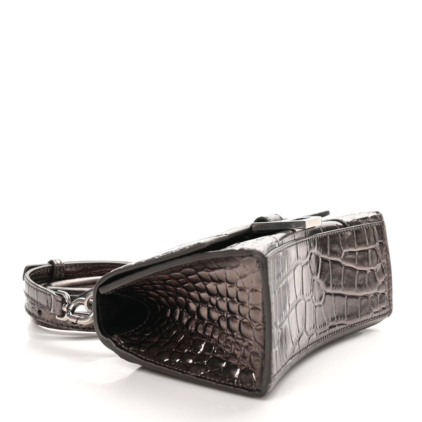 Metallic Shiny Calfskin Crocodile Embossed Hourglass Top Handle Bag XS Dark Bronze