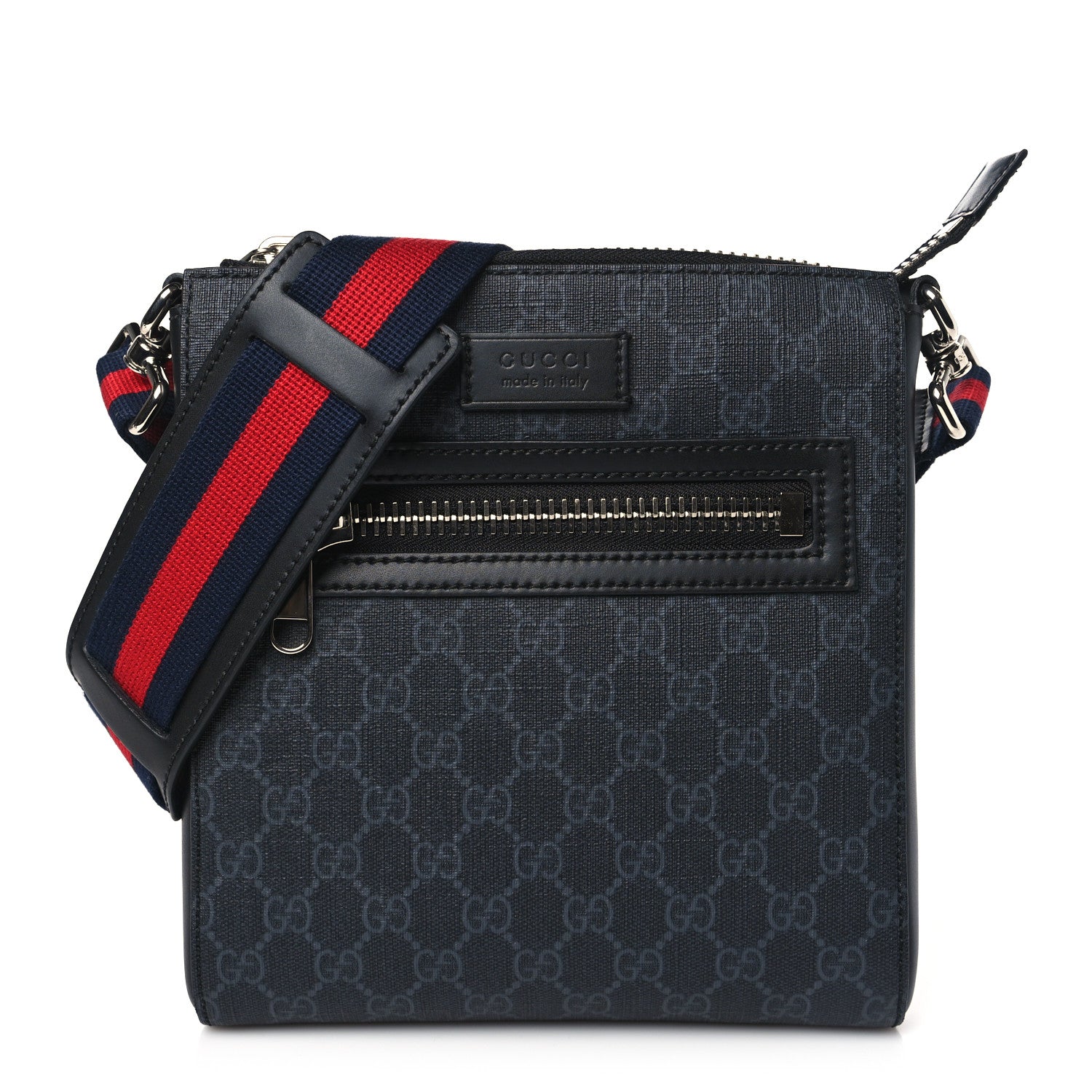 Gucci GG Supreme Monogram Web Small Flat Messenger Bag Black Grey 1 of 10