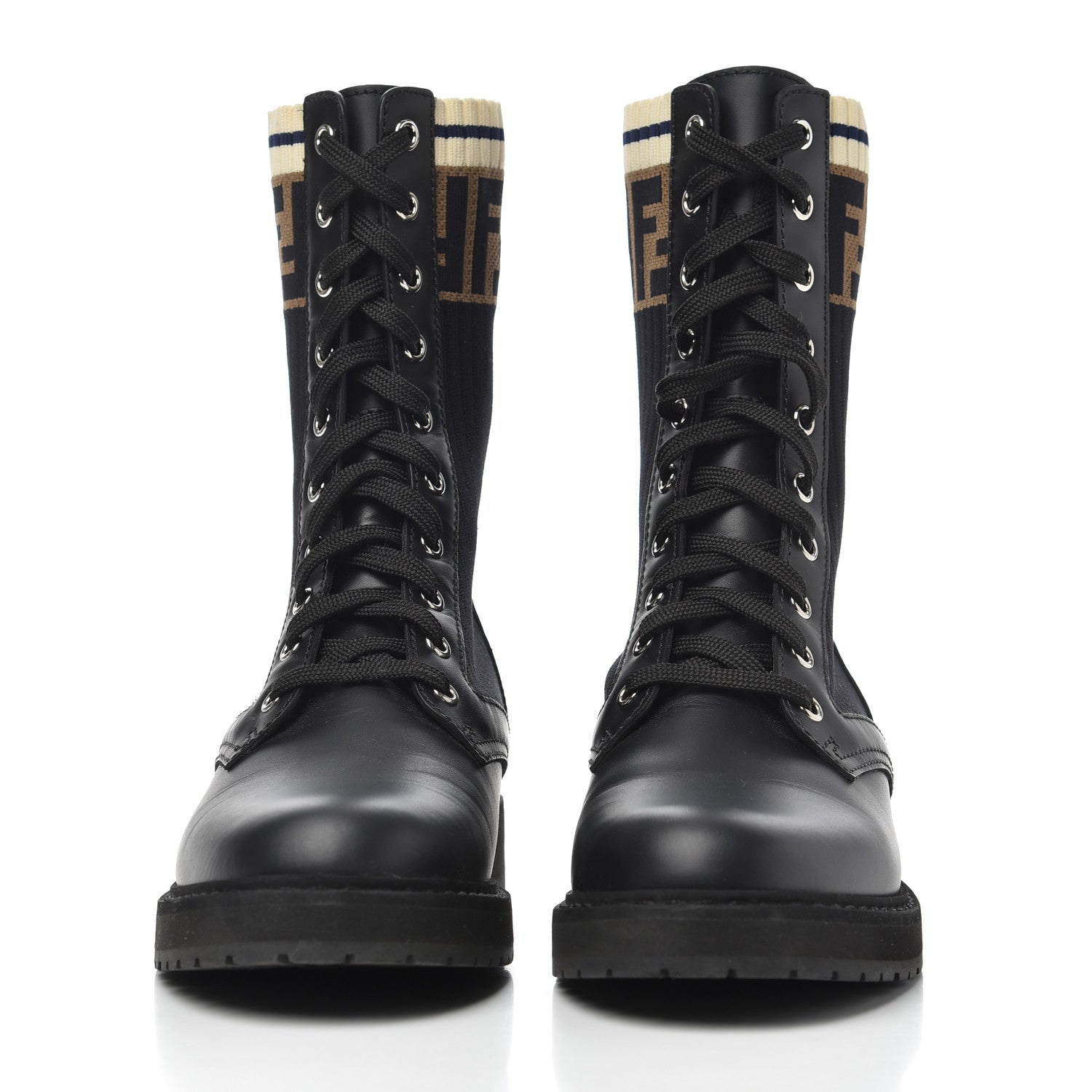 Fendi Calfskin Stretch Fabric Rockoko Biker Boots 38 Tobacco Black Marino 2 of 15