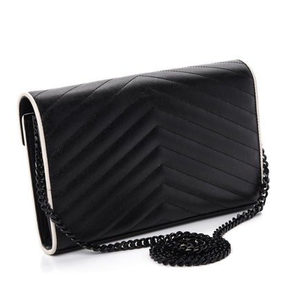 Saint Laurent Grain De Poudre Matelasse Chevron Monogram Chain Wallet Black White 3 of 11