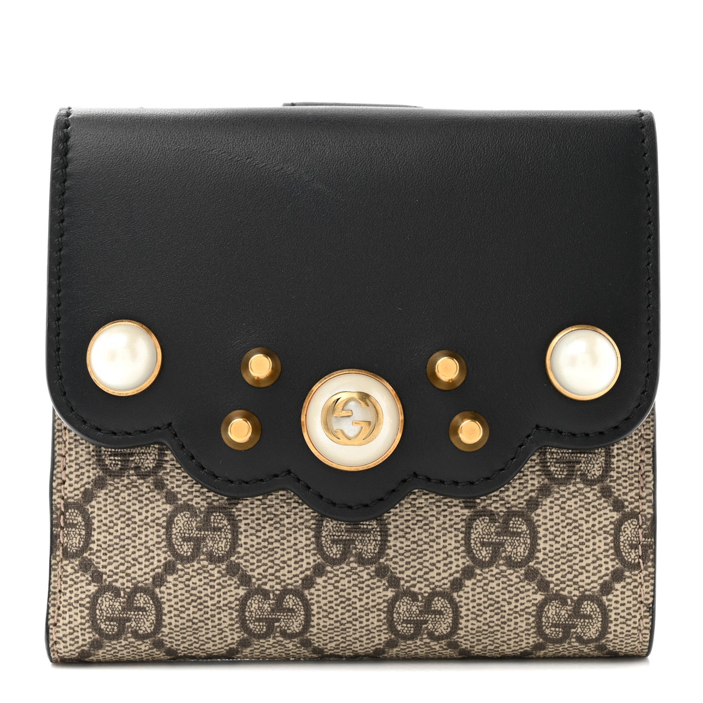 GG Supreme Monogram Pearl Studded French Wallet Black