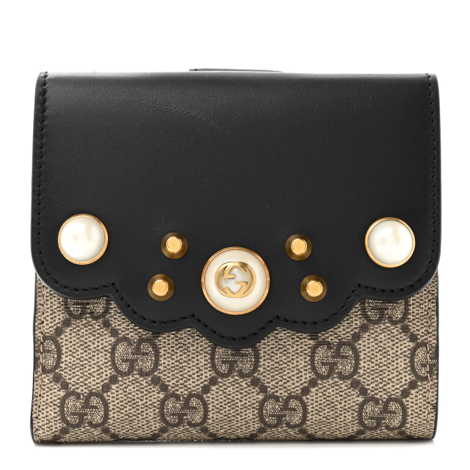 Gucci GG Supreme Monogram Pearl Studded French Wallet Black 1 of 8