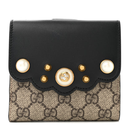 Gucci GG Supreme Monogram Pearl Studded French Wallet Black 1 of 8