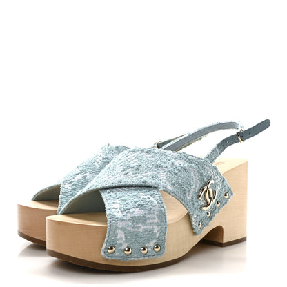 Chanel Jacquard Studded Slingback Clog Sandals 39 Turquoise White 4 of 9
