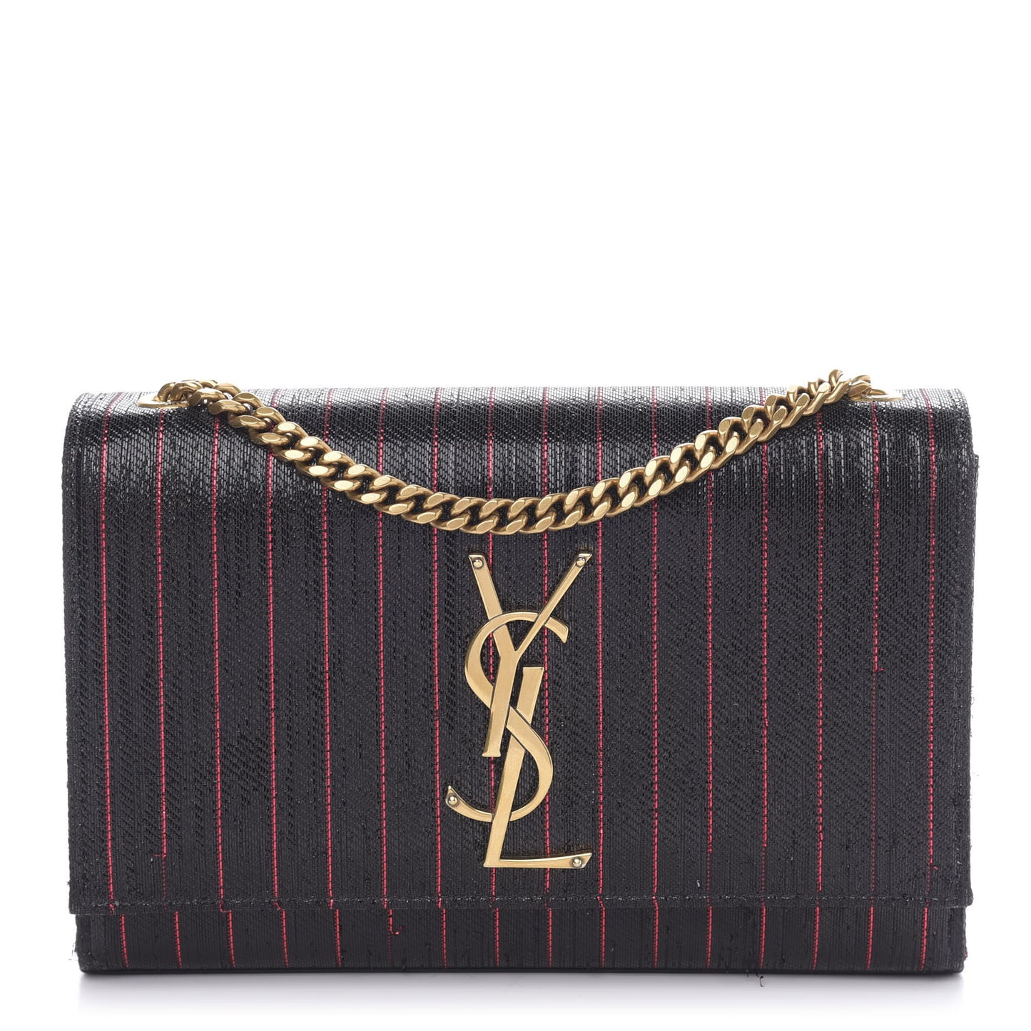 Metallic Calfskin Striped Small Monogram Kate Satchel Black Red