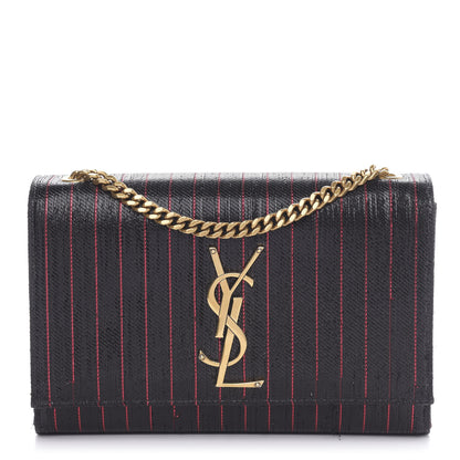 Saint Laurent Metallic Calfskin Striped Small Monogram Kate Satchel Black Red 1 of 11