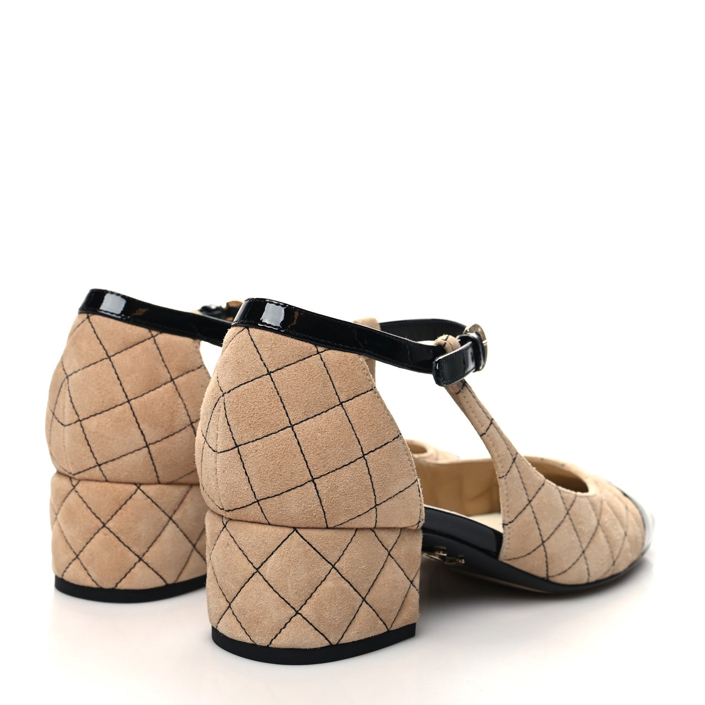 Suede Kidskin Patent Cap Toe Quilted Mary Jane Flats 39.5 Beige Black