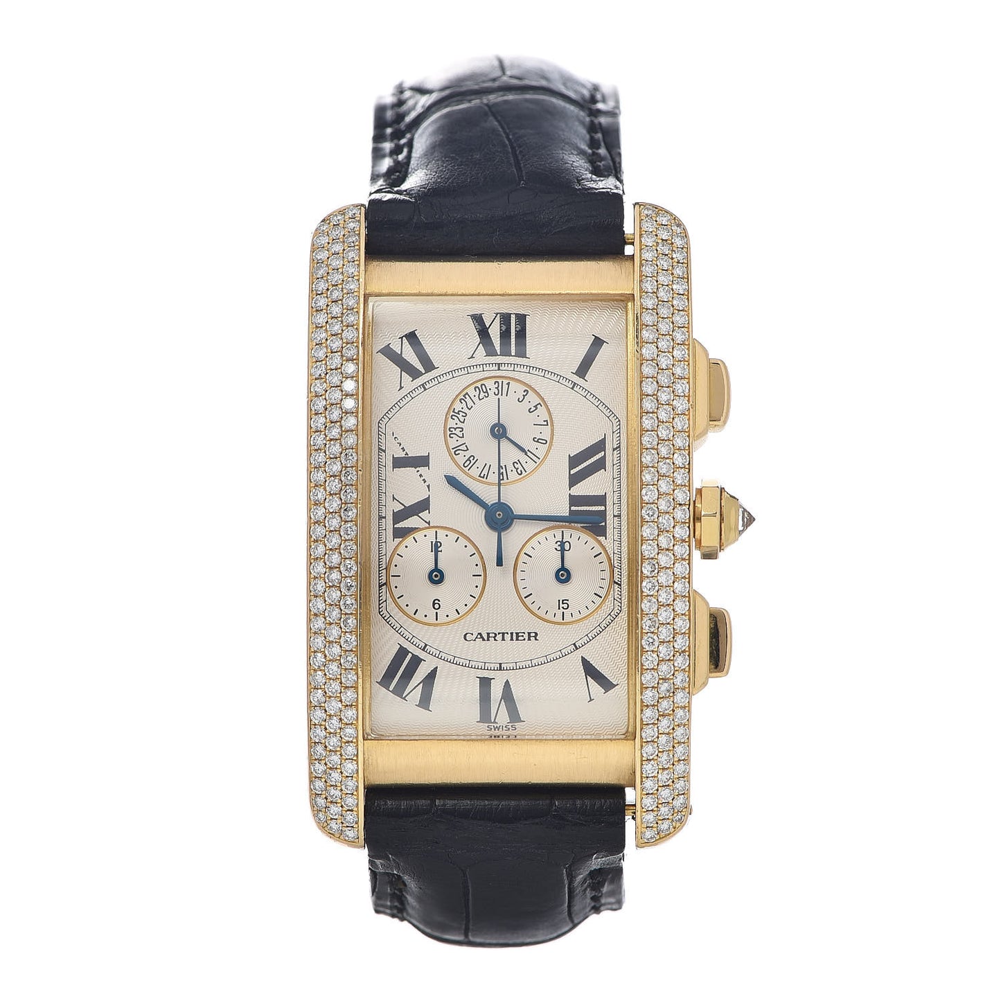 18K Yellow Gold Alligator Diamond 26mm Tank Americaine Chronograph Quartz Watch