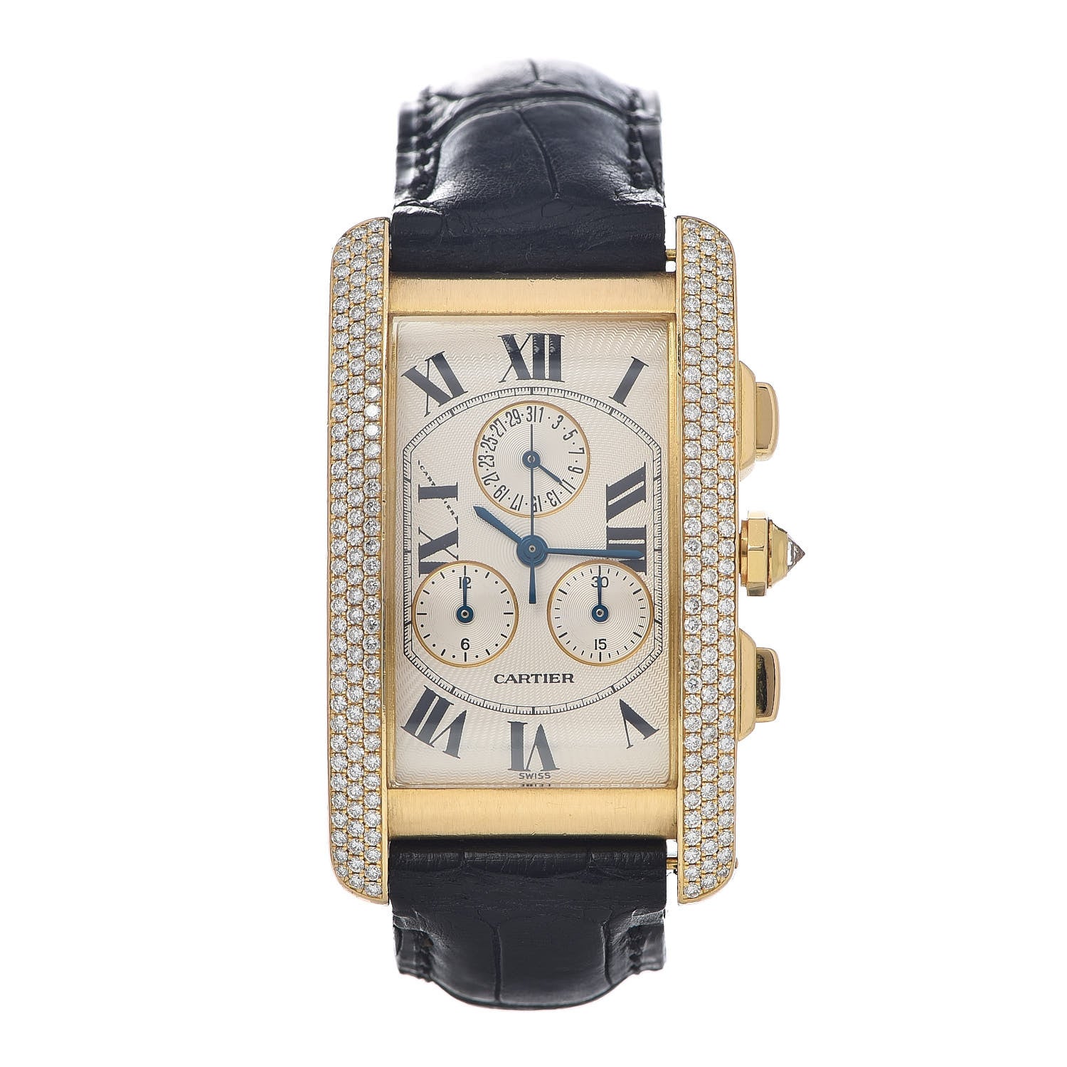 Cartier 18K Yellow Gold Alligator Diamond 26mm Tank Americaine Chronograph Quartz Watch 1 of 9