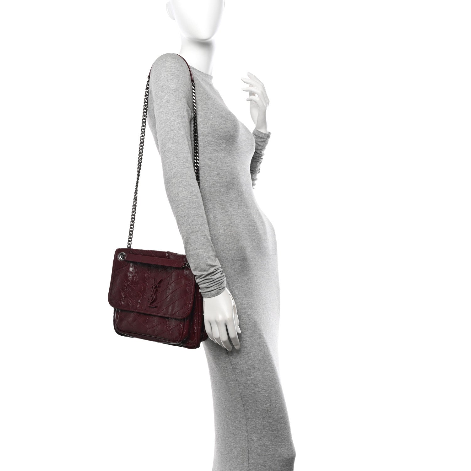 Saint Laurent Crinkled Calfskin Matelasse Monogram Medium Niki Chain Satchel Rouge Legion 3 of 10