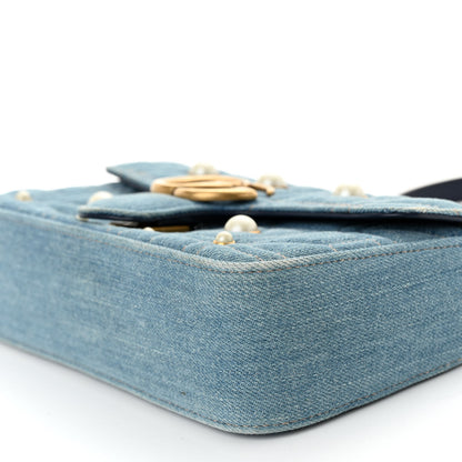 Gucci Denim Matelasse Pearl Studded Mini GG Marmont Shoulder Bag Blue 10 of 11