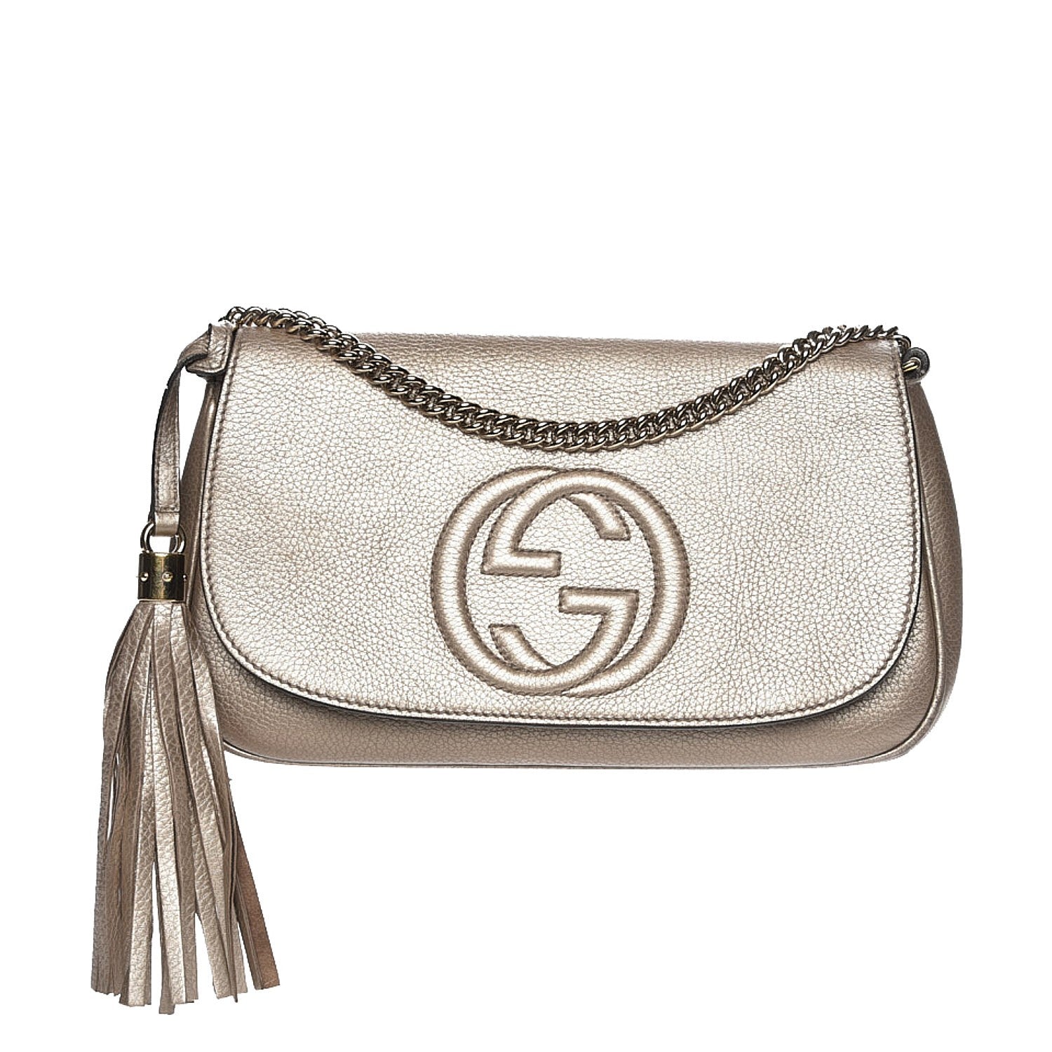 Gucci Metallic Pebbled Calfskin Medium Soho Flap Crossbody Golden Beige 1 of 10