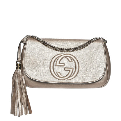 Gucci Metallic Pebbled Calfskin Medium Soho Flap Crossbody Golden Beige 1 of 10