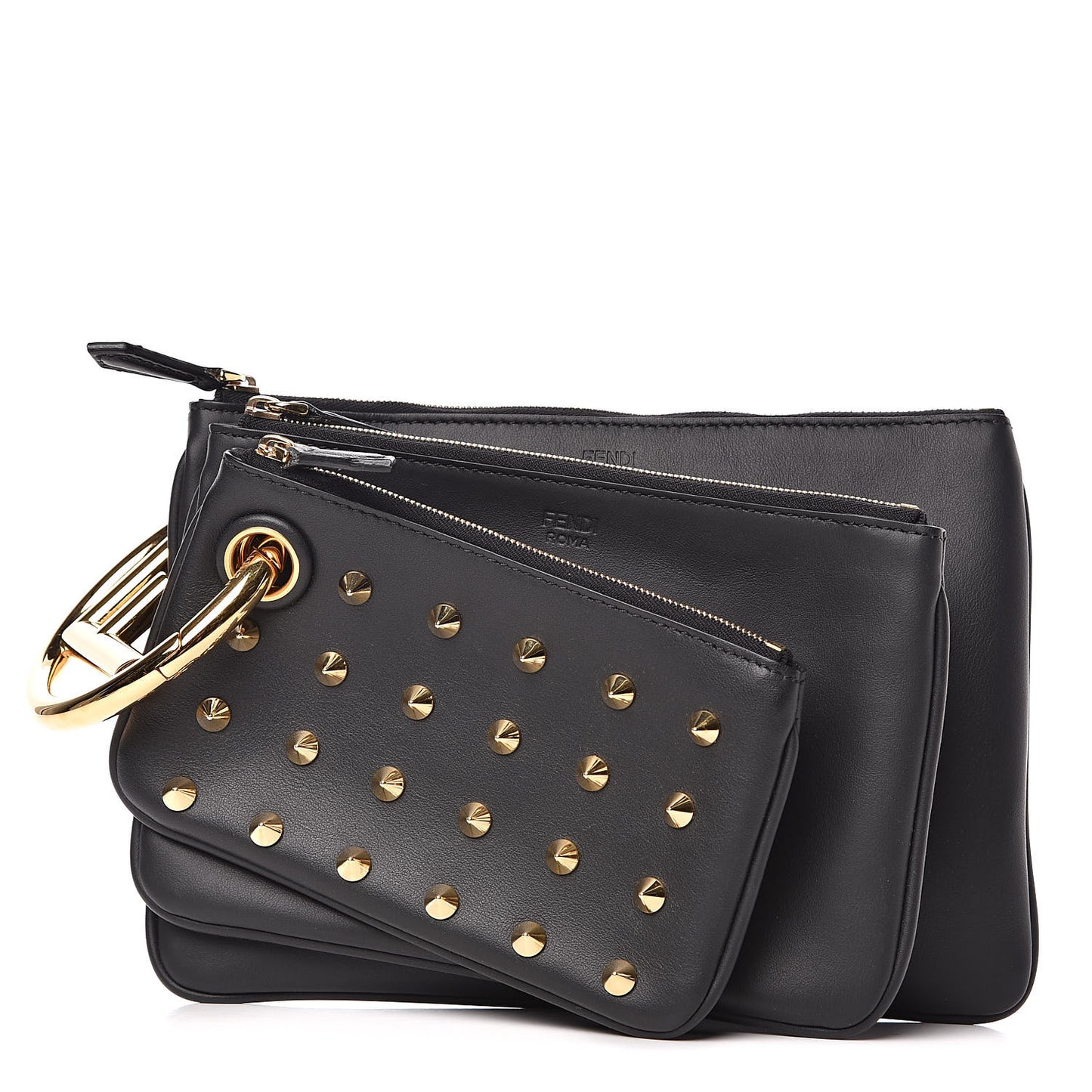 Calfskin F is Fendi Studded Triplette Pouch Set Black